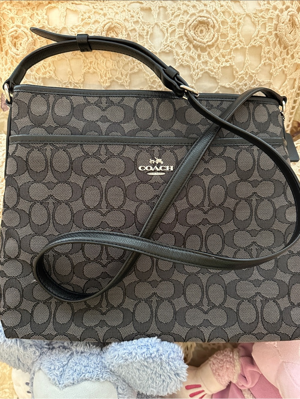 Coach Black and Gray Signature Canvas Satchel with Crossbody Strap